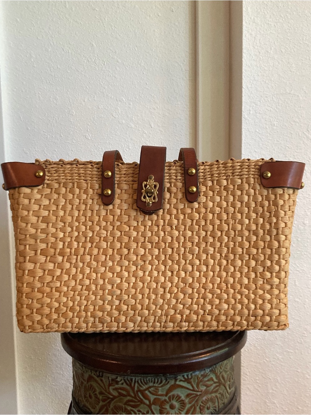 Vintage 60’s Woven Straw Tote with Brown Leather Accents
